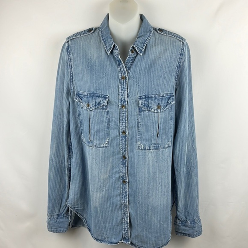 True Religion Military Women's Shirt Blue Button Front Top Blouse Size S